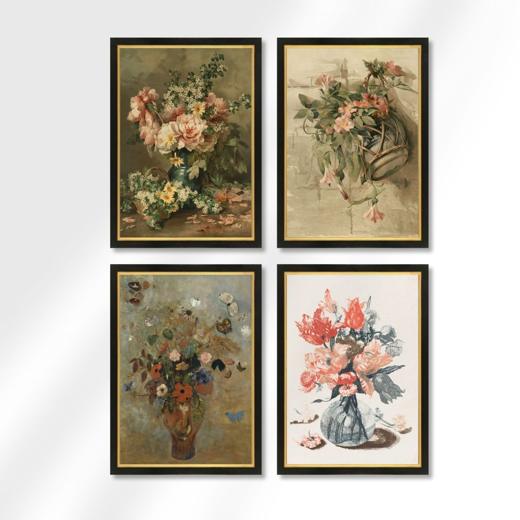 Cetak Gambar Bunga Vintage Plus Bingkai Kayu Klasik