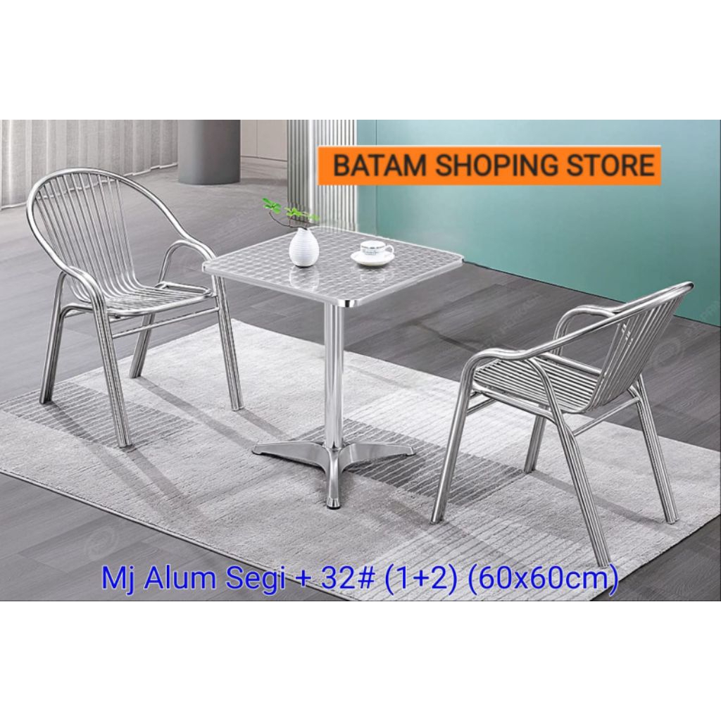 MEJA TERAS SEGI + 2 KURSI [ BAHAN ALUMINIUM ] 32# UK 60 X 60  CM