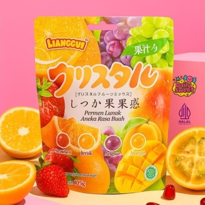 

[LIANGGUI] PERMEN LUNAK ANEKA RASA BUAH STROBERI, JERUK, ANGGUR, MANGGA, CANDY MIX FLAVORS, MANIS, ASAM, CHEWY, KENYAL, SNACK, CEMILAN