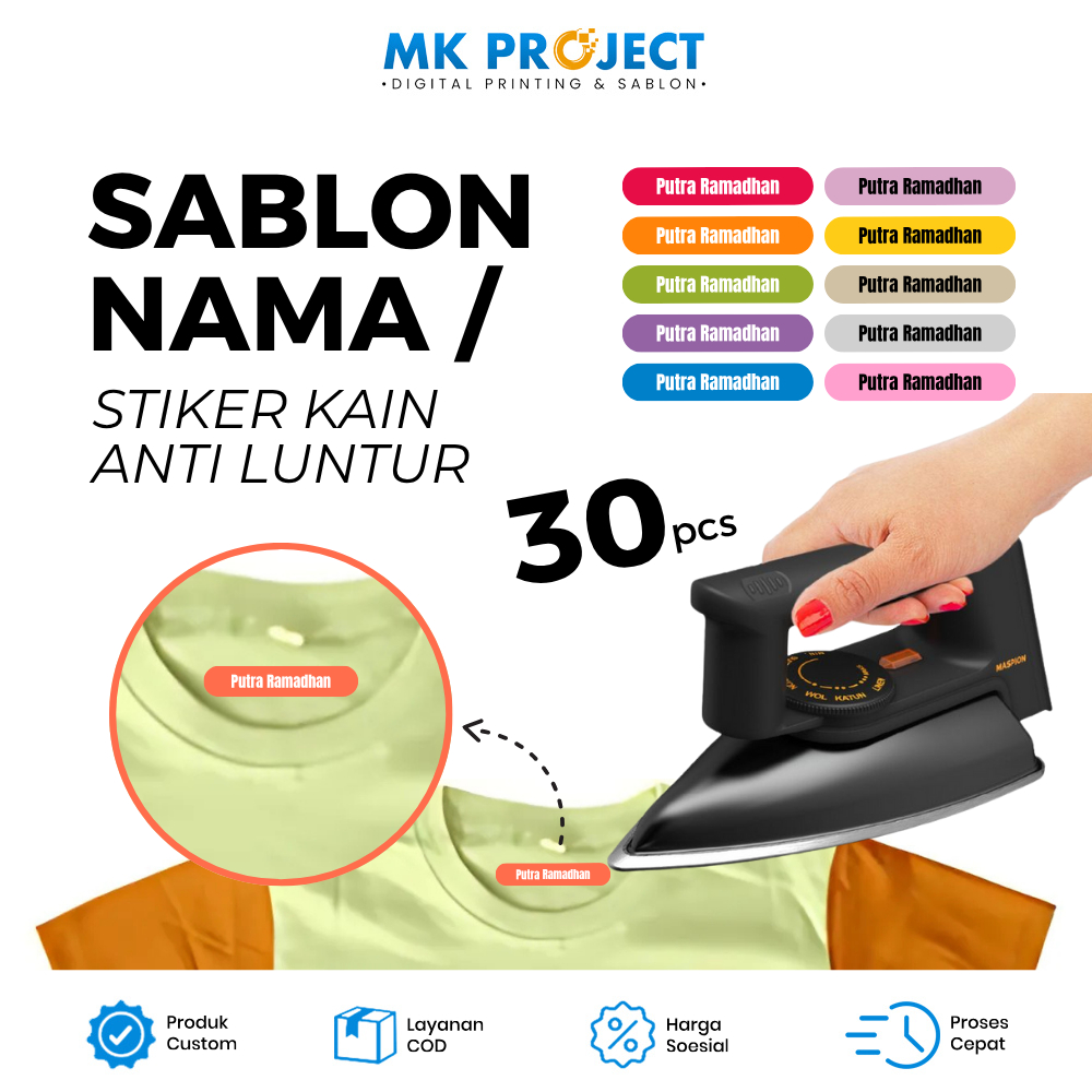 

SABLON SETRIKA LABEL NAMA STIKER KAIN PRAKTIS, AWET, WATERPROOF, TAHAN LAMA || MK PROJECT