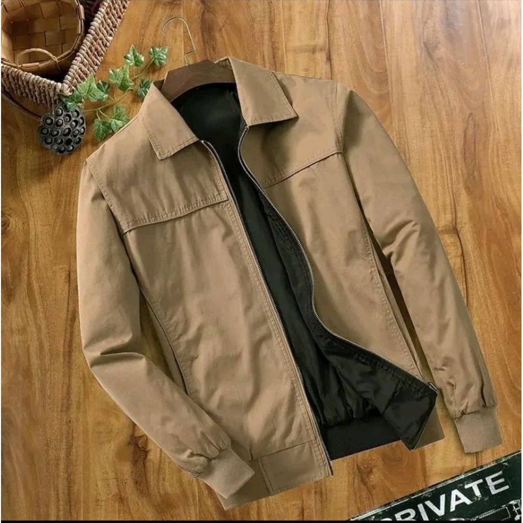 Jaket kanvas pria wanita slim-fit Body Jaket Berkerah Jaket Berkantor Resleting  Zipper - Lengkap de