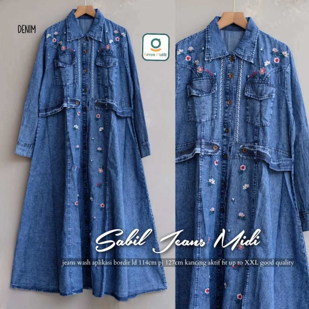 DRESS SABIL JEANS MIDI BORDIR | LONG TUNIK JEANS SABIL MIDI | LOVENA MIDI JEANS | GAMIS SABIL JEANS 