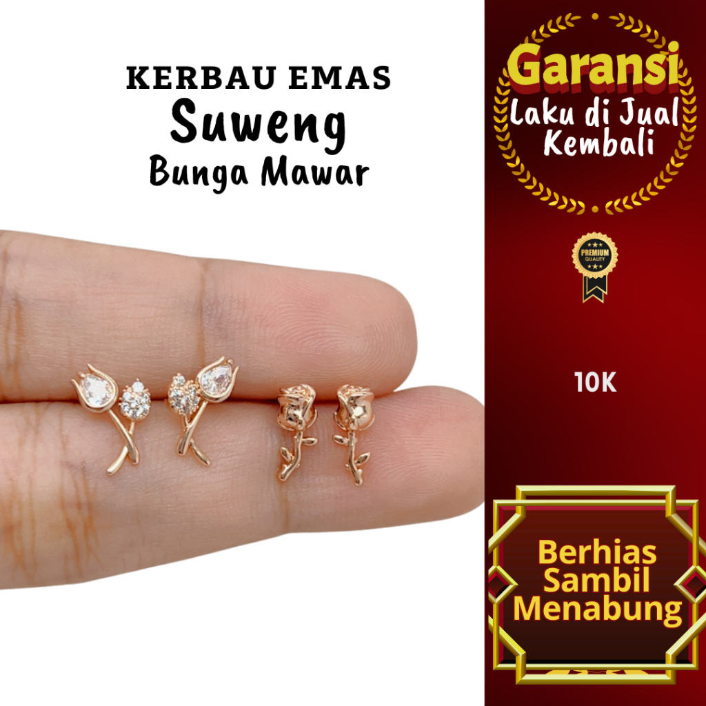 S 1044 Kerbau Emas Suweng Bunga Mawar Warna 10K