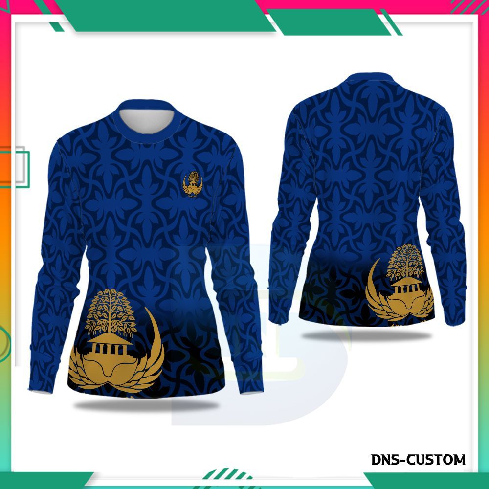 Baju Korpri Motif Batik Hitam Biru Wanita  - Kaos Guru Korpri Wanita Lengan Panjang Fullprint