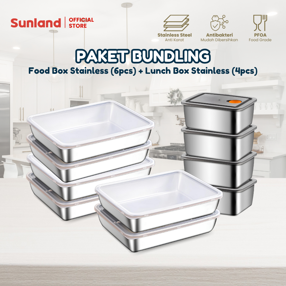 [BUNDLING] SUNLAND Food Box Stainless 25cm Food Container Kulkas Nampan Stainless Dengan Tutup Kotak