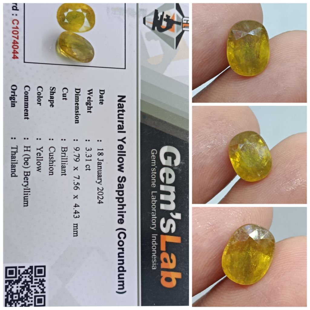 Natural Yellow sapphire Thailand Hbe 3,3ct Top kristal memo GLI Safir Bagus