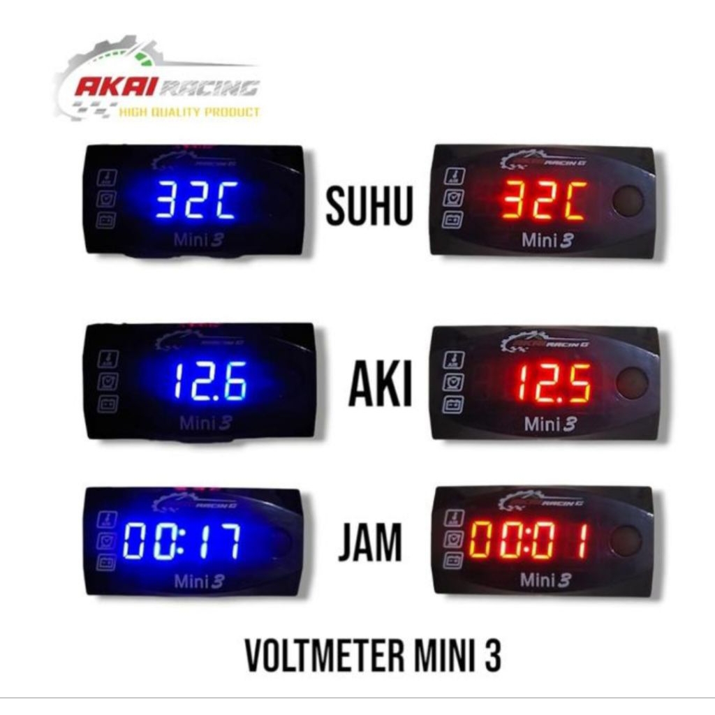 Volt Meter 3 In 1 Suhu Volt Jam Volt Meter Motor VoltMeter Aki Digital Alat Pengukur Aki Motor