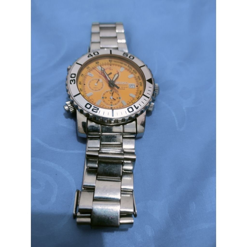 VTG SEIKO CHRONO 7T32-7G30 DAYTONA ALARM YELLOW DIAL JAPAN MEN WATCH FULLY WORK
