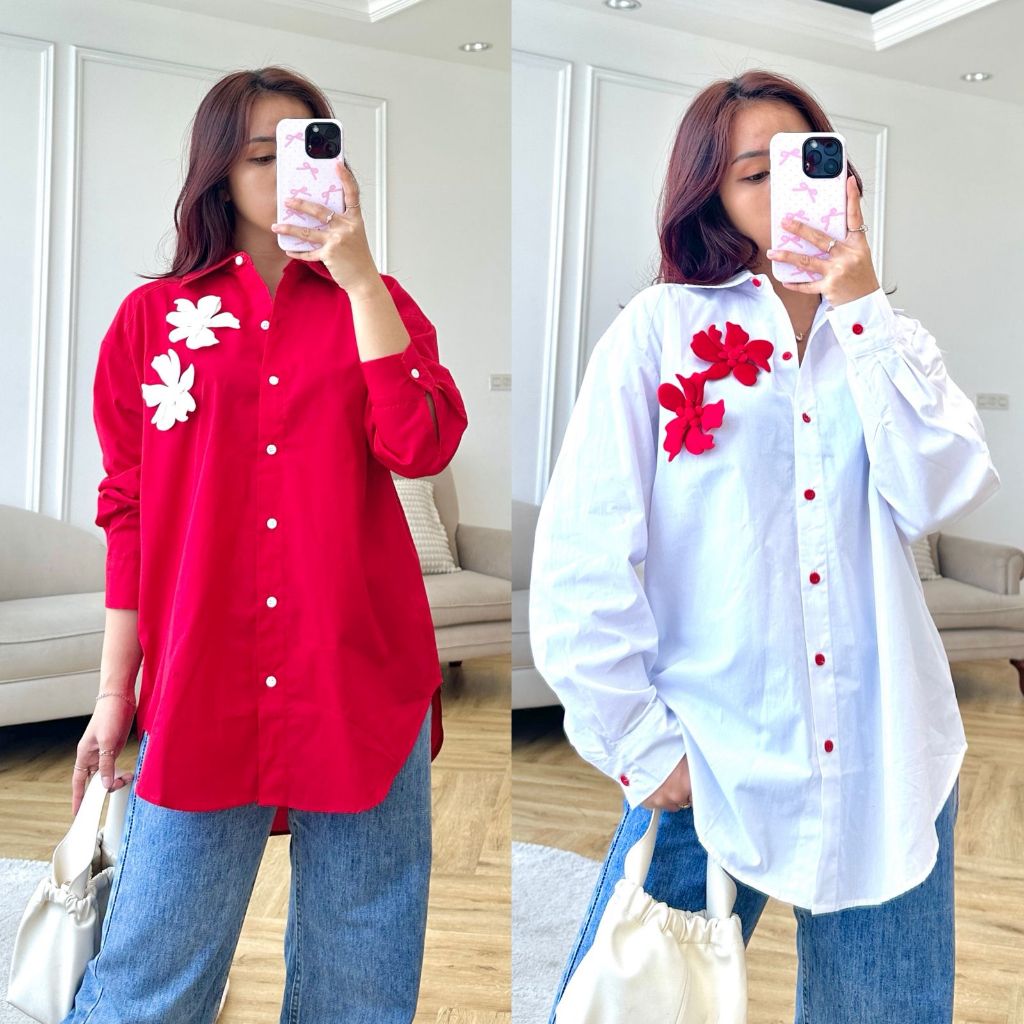 [ Deirly ] Kemeja Oversized Marley Merah Putih Bordir Bunga Katun Poplin Premium