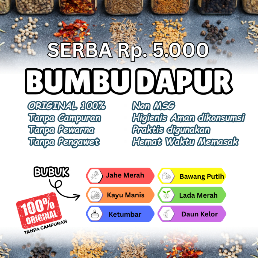 

ASLI 100% TANPA CAMPURAN Bubuk Bumbu Lengkap Jahe Putih/Merah Kayu Manis Daun Kelor Lada Putih/Hitam Kunyit Bawang Merah/Putih Temulawak