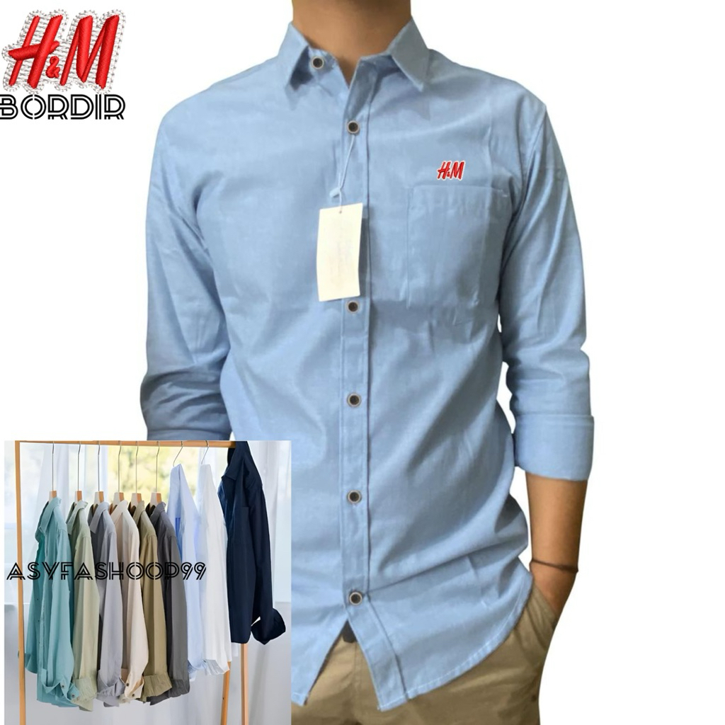 Kemeja Pria Bordir Kasual kekinian H.M Kemeja Pria Lengan Panjang Kemeja Dewasa Kemeja Katun Cigared