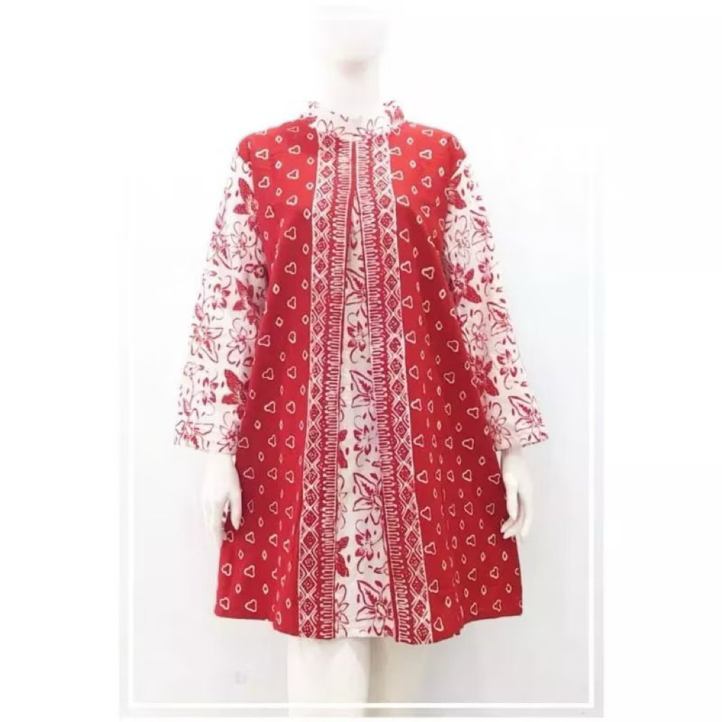 Dress Tunik Batik Wanita Modern Kombinasi Merah Putih Jumbo Ld 120cm Bahan Katun Cap Garutan