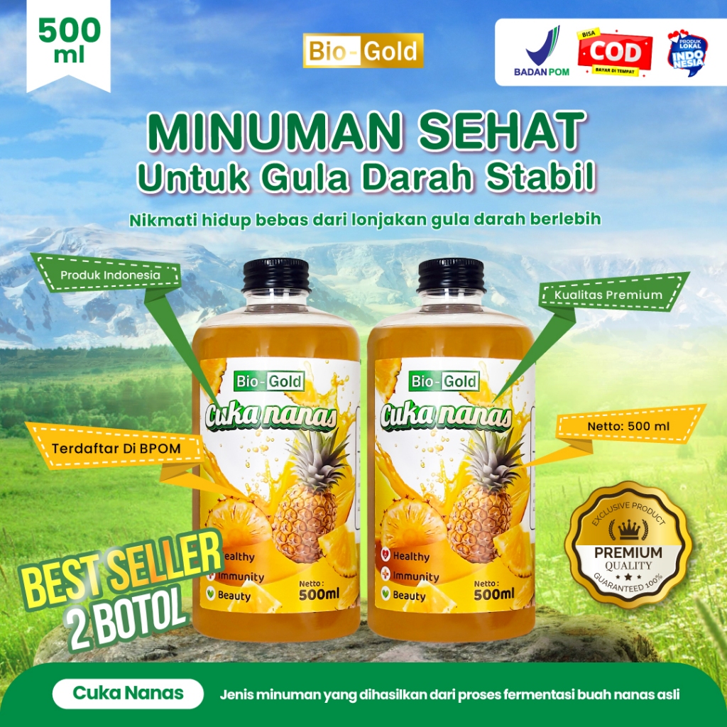 

Bio Gold - Paket 2 Botol Cuka Nanas With Mother 500ml Bantu Turunkan Gula Darah, Kolesterol & Berat Badan, Drah Tinggi, Asam Urat, Kebas, Kesemutan,