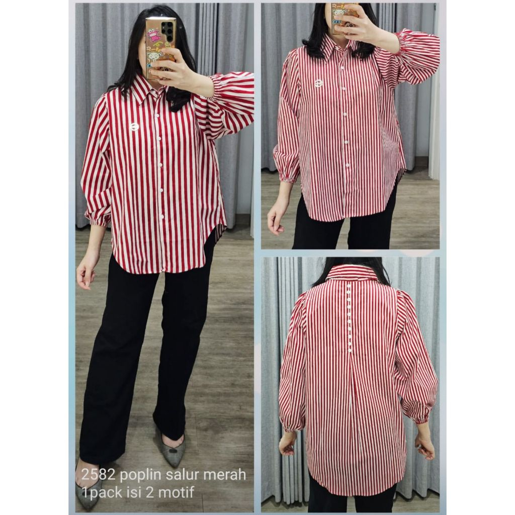 CAVINAOFFICIAL Kemeja Blouse Lengan Balon Merah Putih