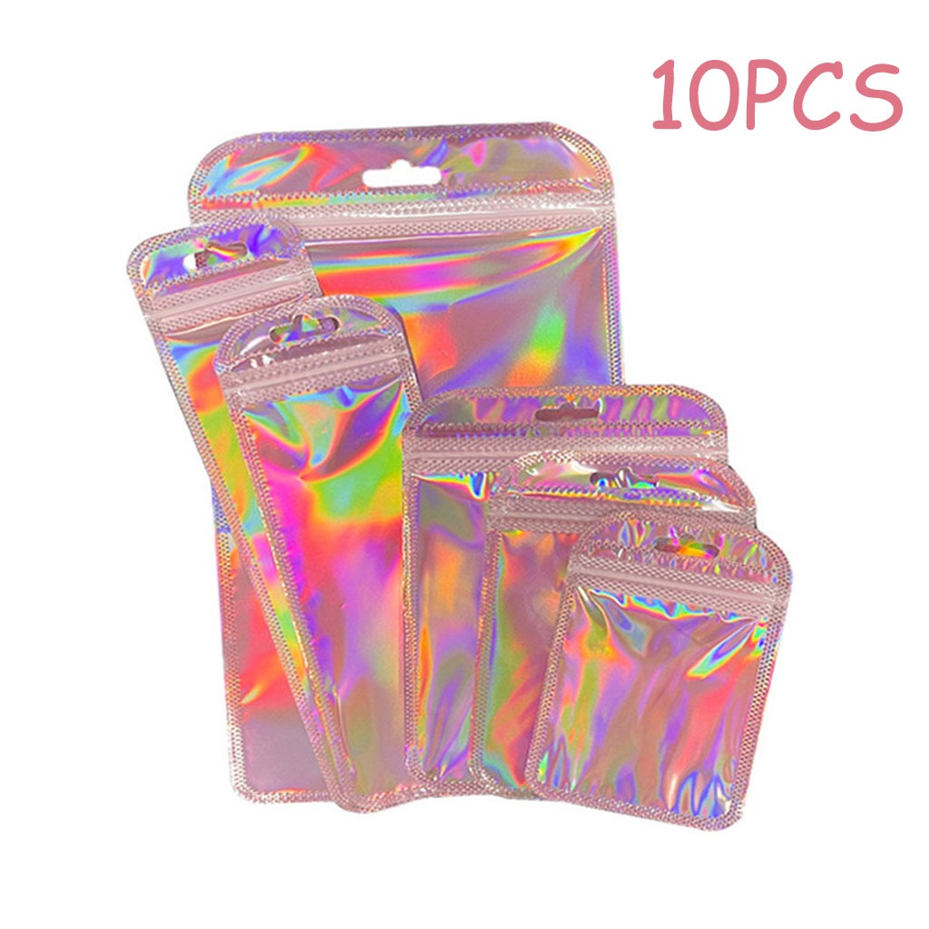 【10pcs】Plastik Ziplock Hologram - Hologram Holographic Souvenir Aksesoris Klip Zipper Ziplock Bening
