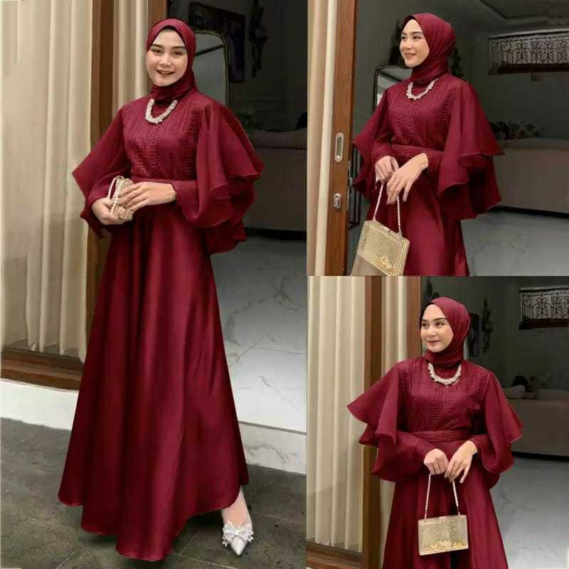 Gamis Brokat Satin Premium Maroon Dress Pesta Muslim Elegan Lengan Ruffle Terbaru