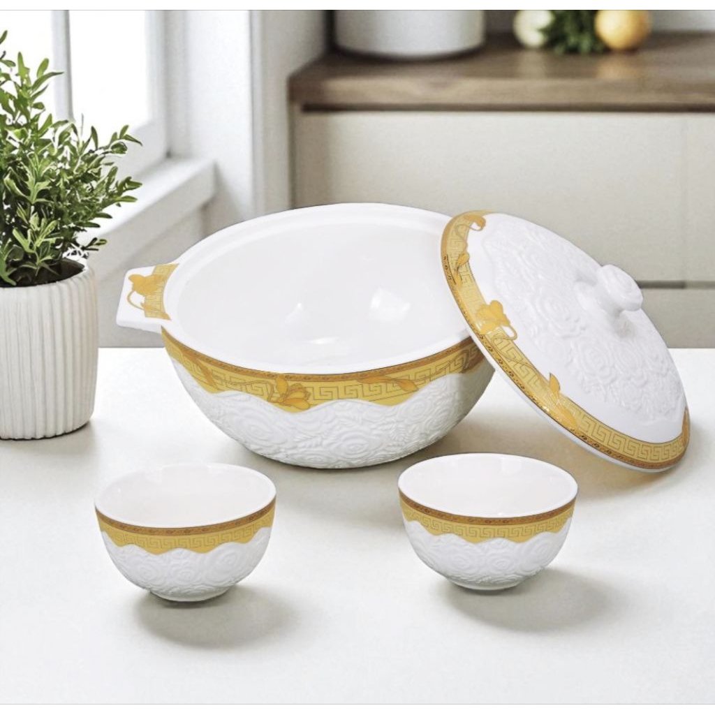 Soup Tureen VICENZA, Wadah Sup Rosette S90 motif LILY, wadah saji Vicenza dilengkapi 7 mangkok saji 