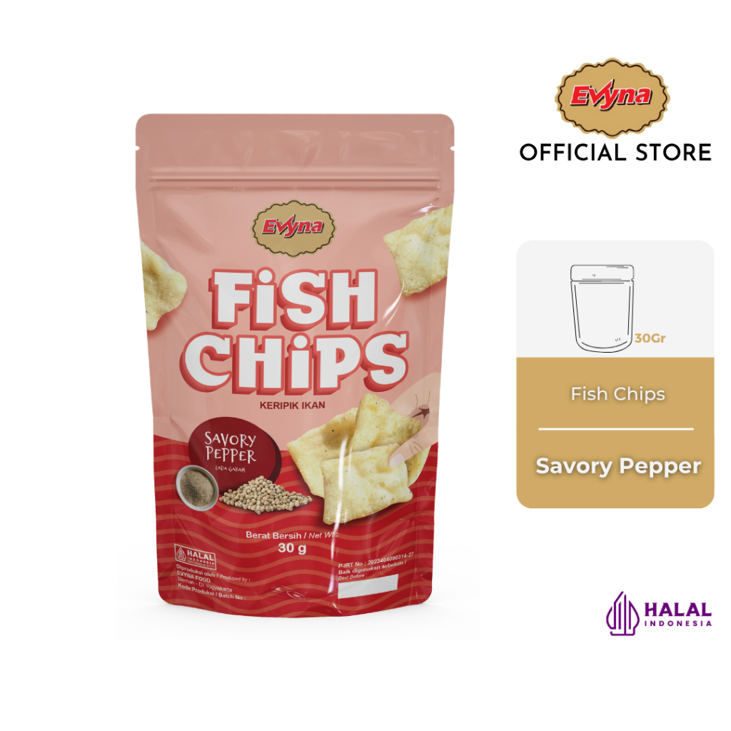 

Evyna Fish Chips Savory Pepper Keripik Ikan Rasa Lada Garam Pouch 30 Gram