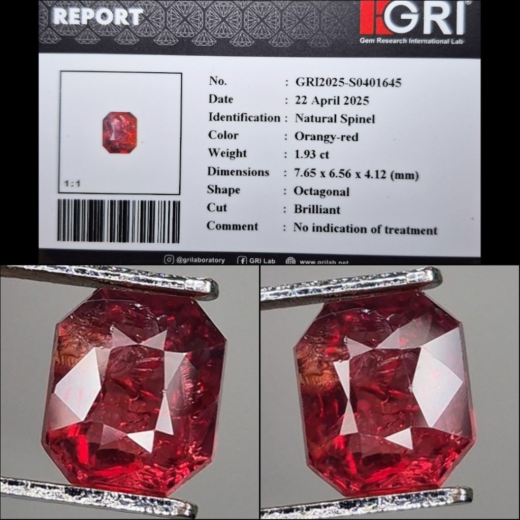 Natural Red Spinel Octagon Cut Top Kristal Memo GRI Lab