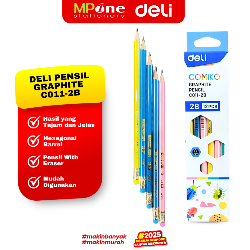 

(1 KOTAK) Deli Pensil Graphite 2B EC011/ Pensil kayu Isi 12PCS DELI COMIKA