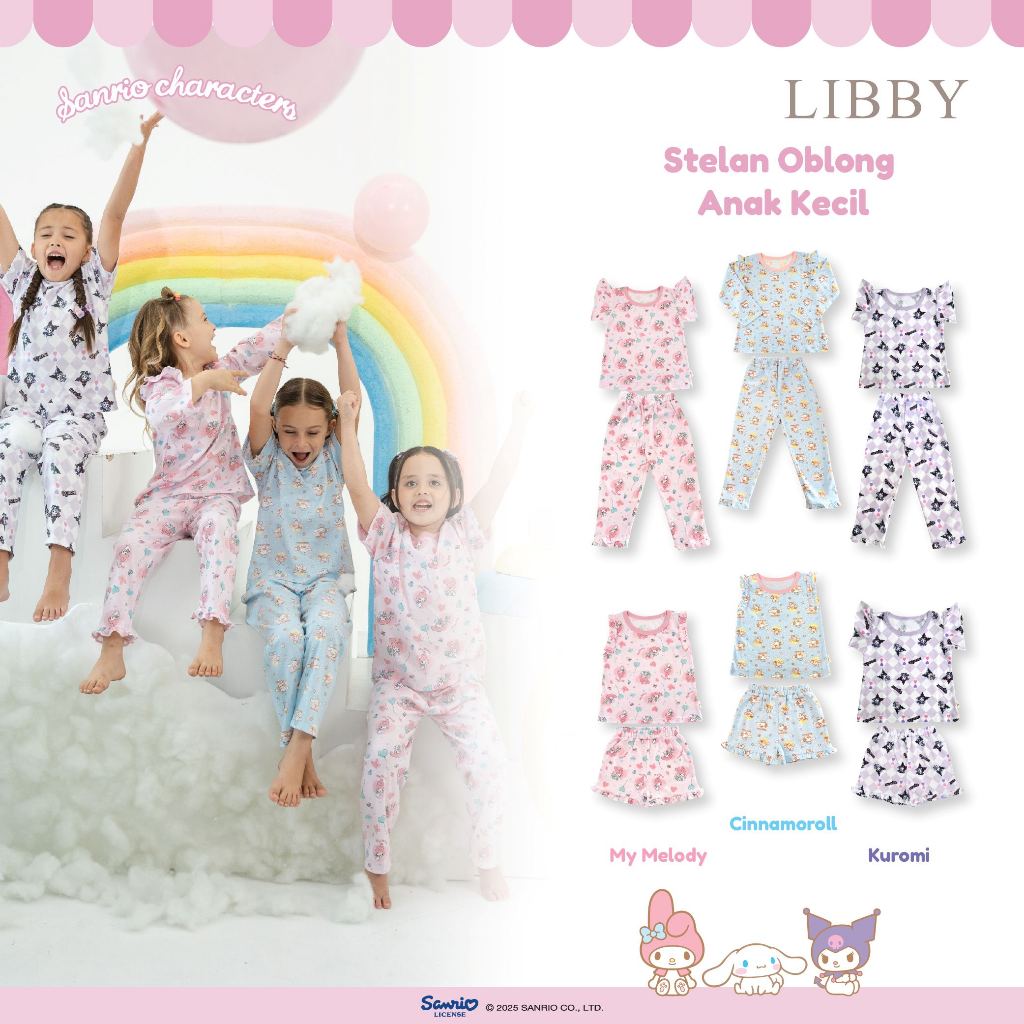 LIBBY Sanrio Setelan Piyama Oblong Anak Kecil Perempuan Kuromi Cinnamoroll My Melody (1 Stel) | Seri