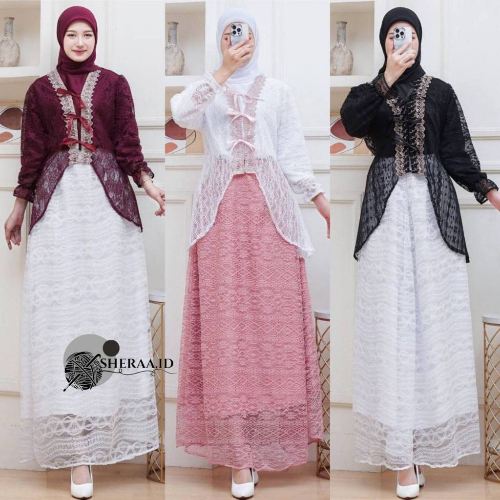 One Set Outer Brukat Rok Tile Modern Dress Set Inner Outer dan Rok Gamis Muslim Wanita Set Kondangan