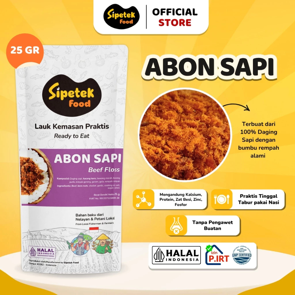 

Abon Daging Sapi Asli Original Kemasan Pouch 25gr Sipetek Food