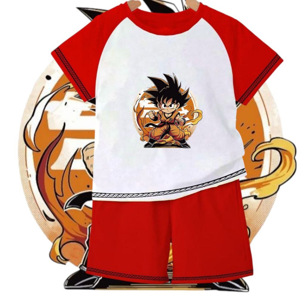 SETELAN BAJU ANAK KAOS MOTIF GOKU ONFIRE TERBARU SABLON HIGH QUALITY SALE