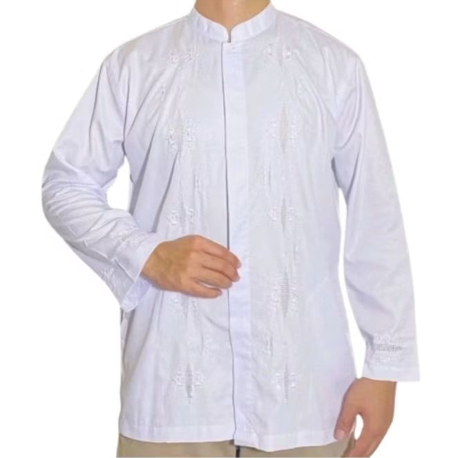 Baju Koko Muslim Putih Pria Lengan Panjang – Bordir Krancang Padang Sulam Tangan, Premium & Nyaman