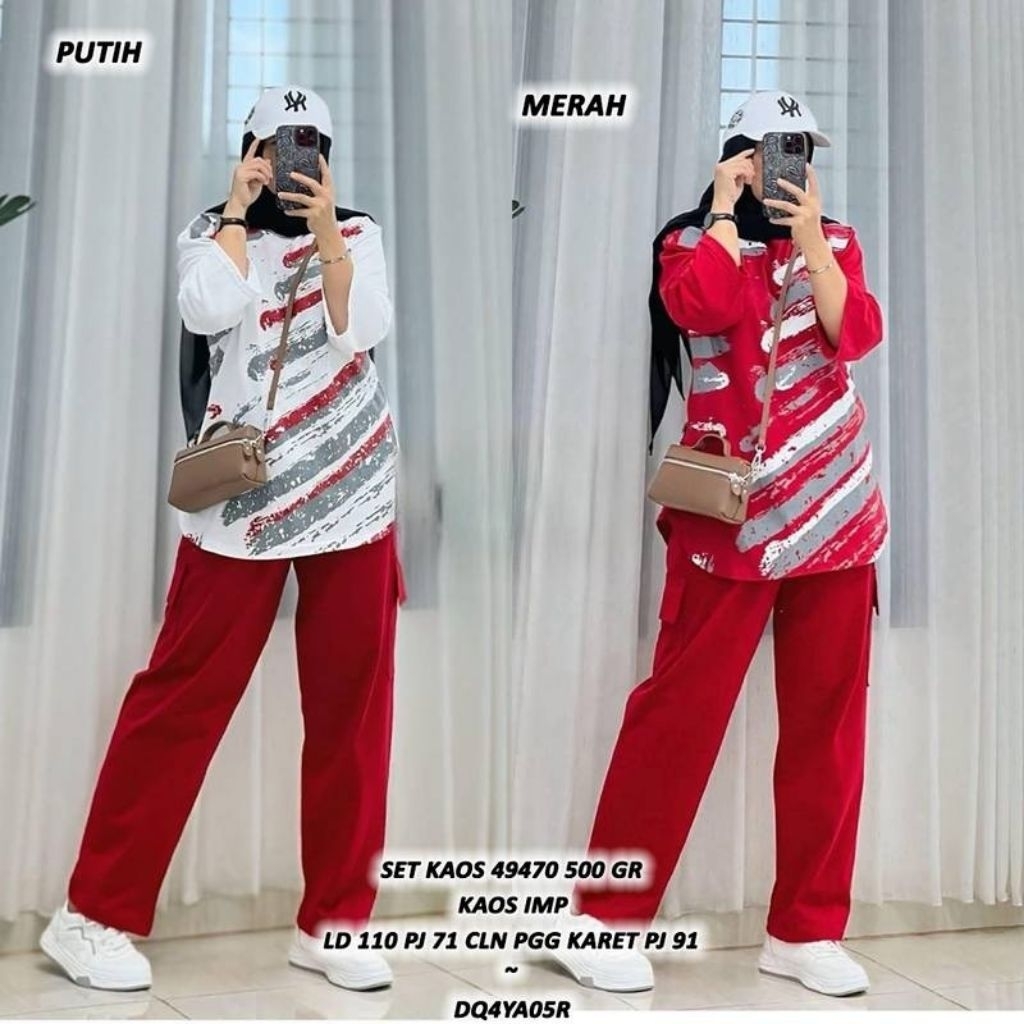 ASD 49470 SET KAOS MERAH PUTIH WANITA / READY / REALPICT