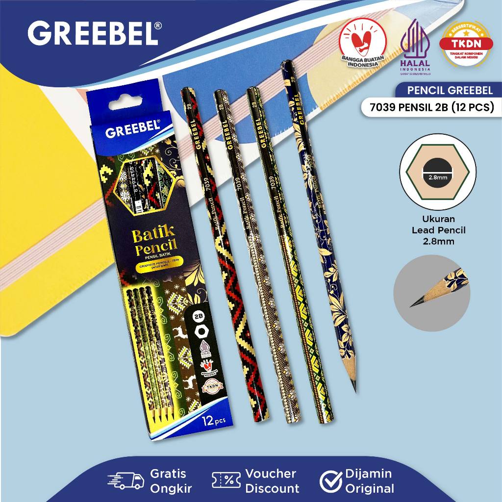 

GREEBEL Pensil kayu 2B 7039 Batik (12PCS/SET) / Pensil Tulis Karakter Graphite Ujian sekolah Pensil Gambar
