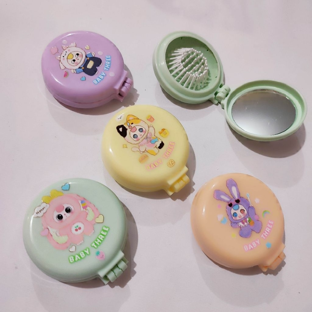 sisir rambut  lipat 2 in 1 anak dewasa cermin kaca rias alat makeup bulat aksesoris wanita