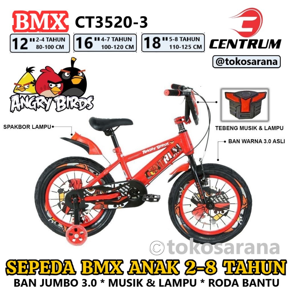 Centrum 4ngry 8irds CT3520-3 BMX Sepeda Anak 12 16 18 Inch Ban Gendut 3.0 2-8 Tahun Rangka Steel Lam