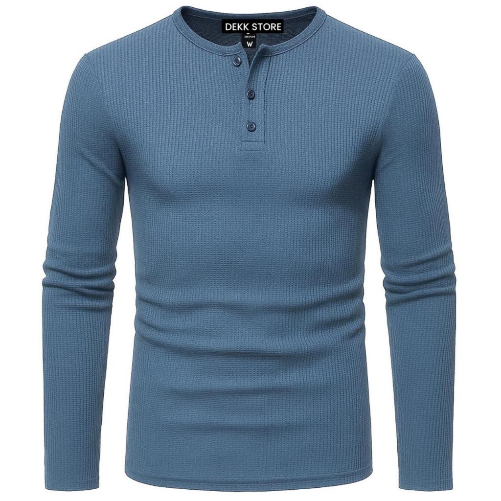 KAOS KANCING HENLEY WAFFLE KNIT LENGAN PANJANG/KAOS KANCING KNIT PRIA POLOS