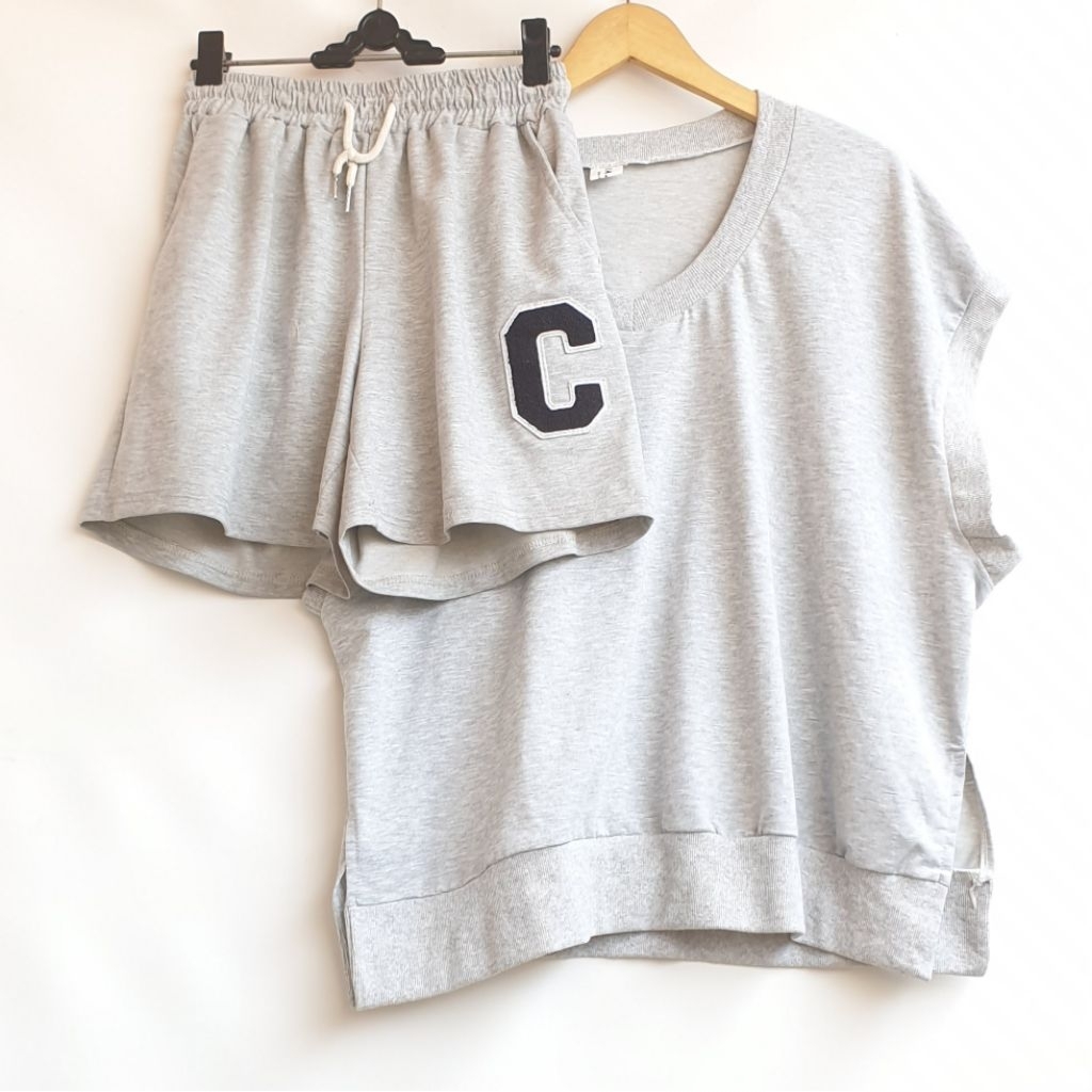 Set Abu Muda Celana Pendek Vest Merek E.H.A.N Pakaian Santai Daily Harian Wanita Atasan Calpen Baju 