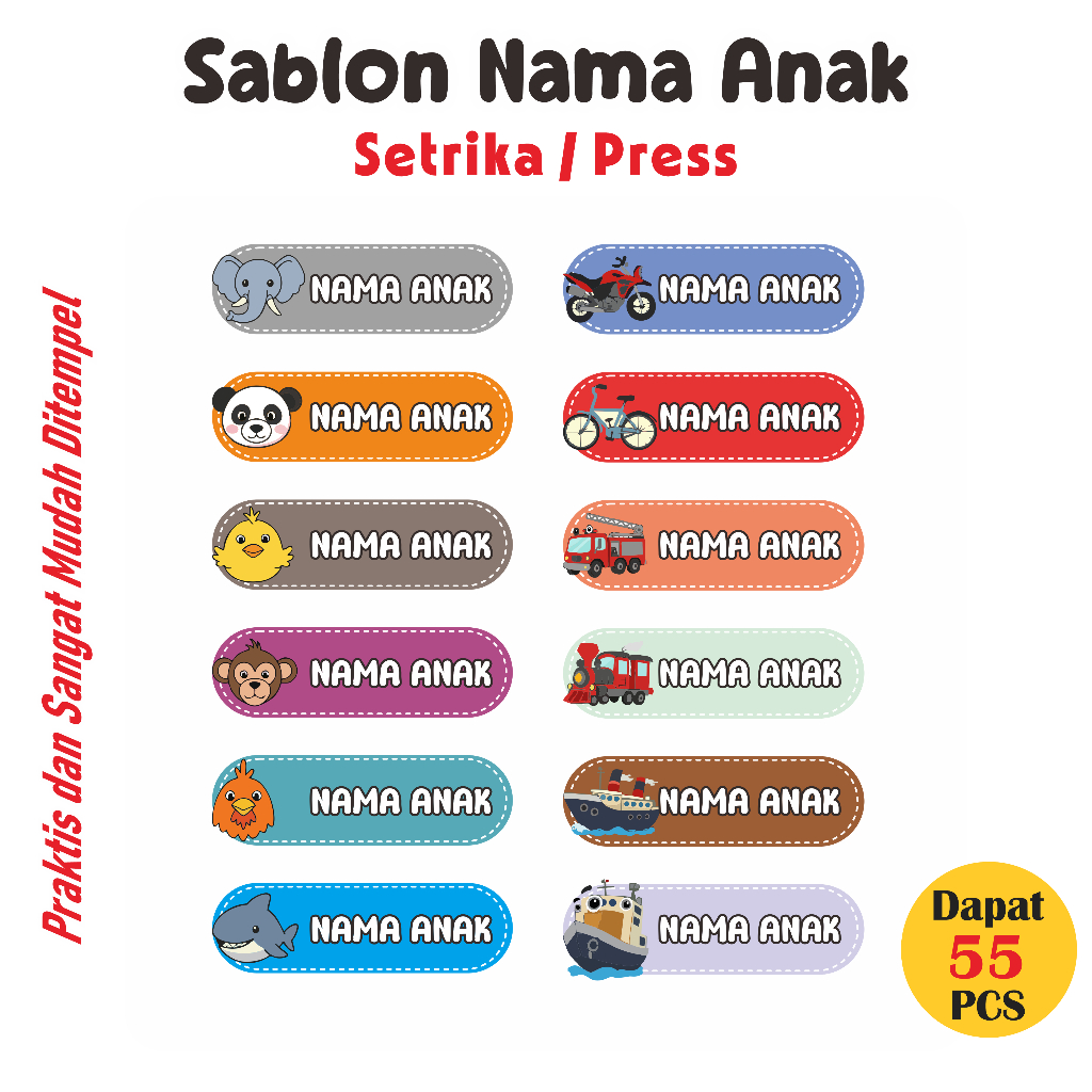 

Stiker Kain Custom 55PCS Stiker Label Nama Barang dan Kain Baju Anak Sablon Strika sticker aesthetic