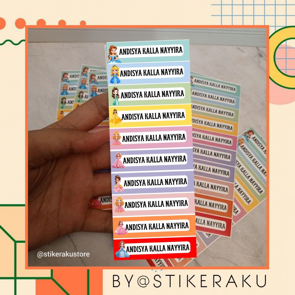 

Stiker Label Nama ATK Waterproof/Anti Air/ Tema Princess /Size 1,5x6 cm isi ±120 pcs