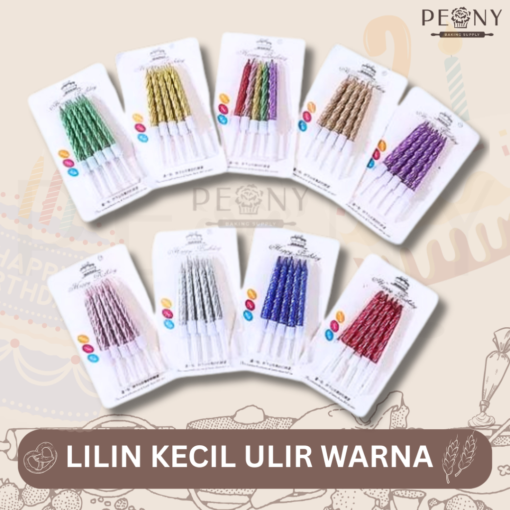 

LILIN ULIR KECIL SILVER, CHAMP, RAINBOW, MERAH, UNGU, ROSE GOLD,HIJAU,BIRU,GOLD / LILIN SPIRAL KECIL