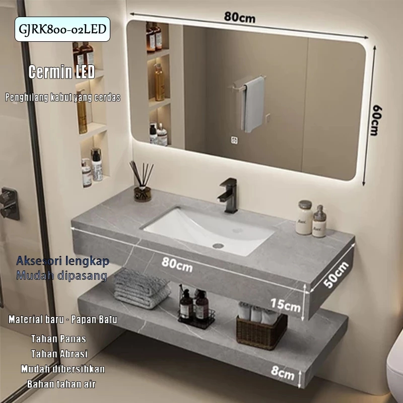 Set Wastafel Kamar Mandi（ 60/80/90cm）Wastafel Kabinet Set Rock Beam Stone kabinet kamar mandi wastaf