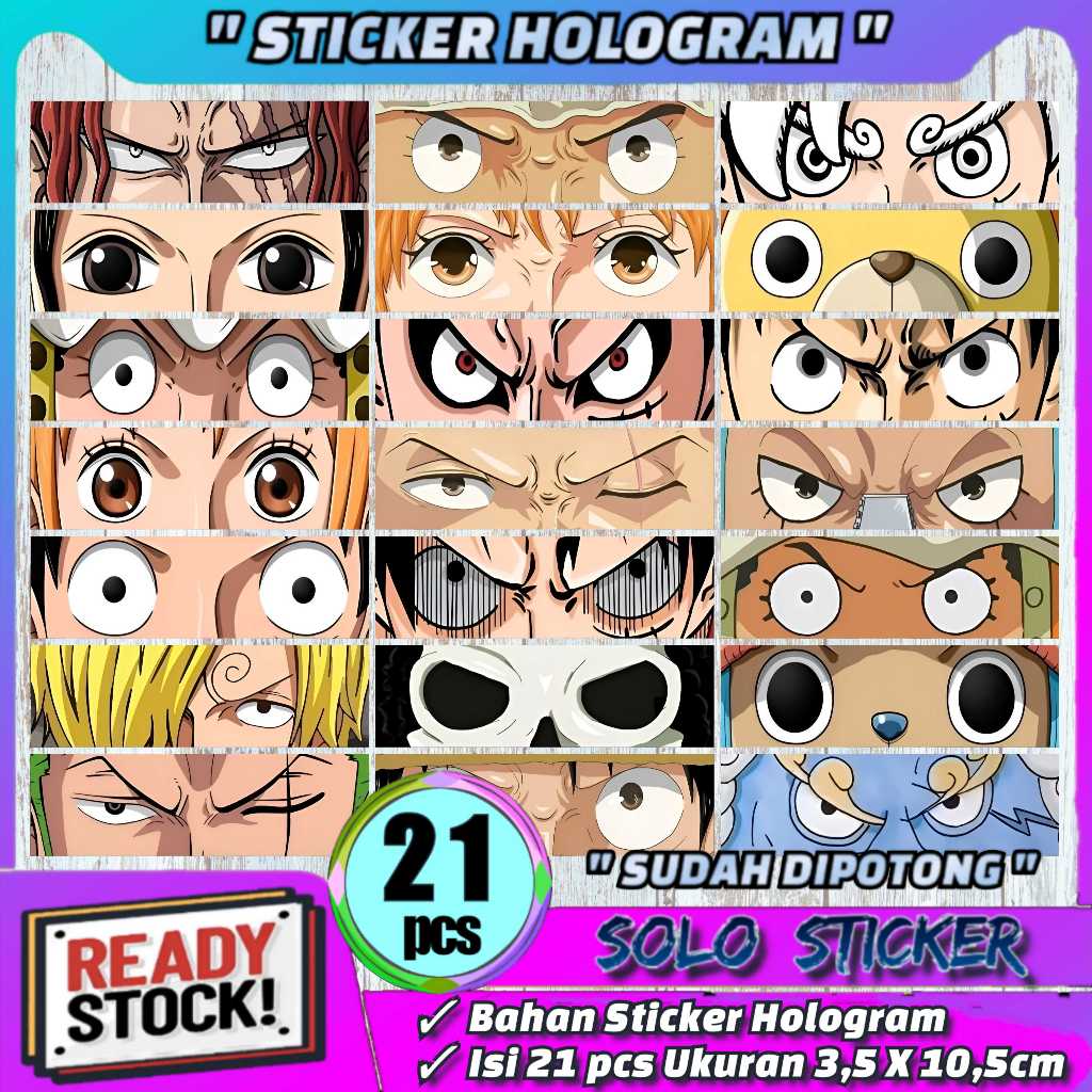 

Sticker Anime Mata One Piece 21 pcs Bahan Hologram Anti Air Sudah Dipotong