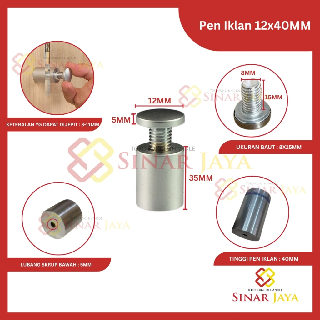 PEN IKLAN 12 X 40 Stainless / 12x40 / Baut Akrilik / Baut Kaca / Sign