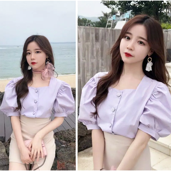 Blouse top kemeja baju atasan square neck kancing wanita import korea