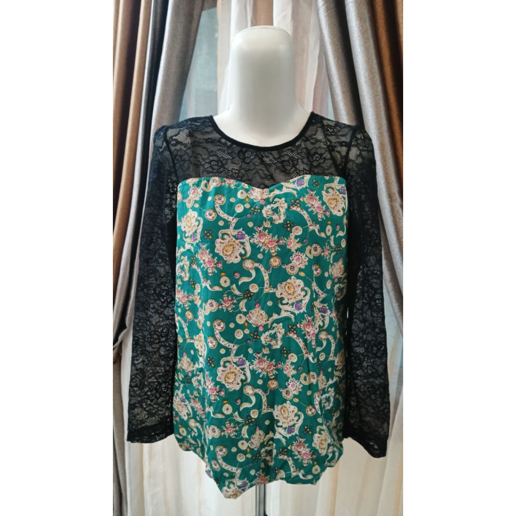 PL Atasan Batik Kombinasi, Blouse Motif Bunga, Atasan Lace Elegan, Tunik Hijau Toska, Atasan Cantik