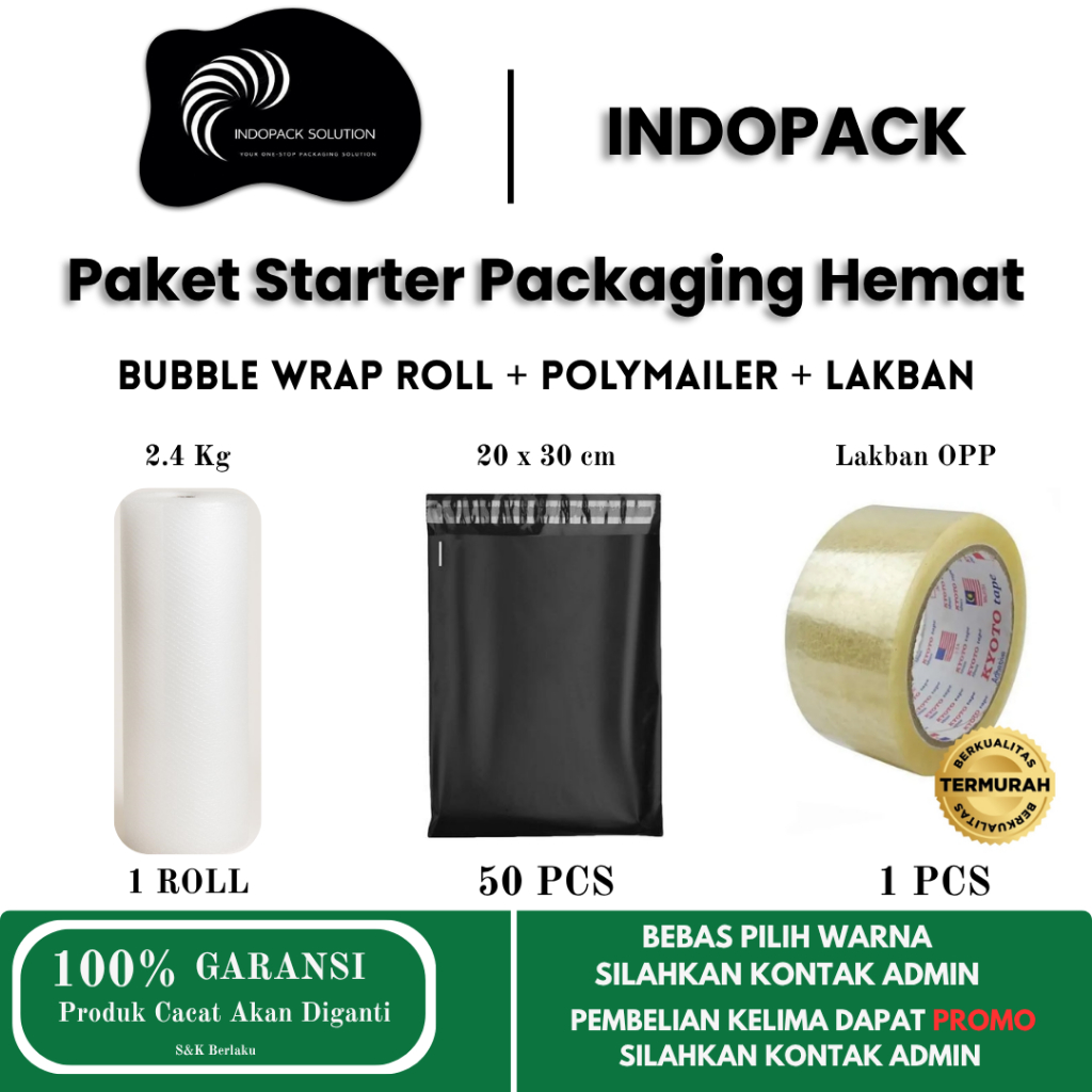 

INDOPACK Paket Starter Packing Murah Bubble Wrap Roll 2.4kg Polymailer 20x30 Lakban Bening Coklat