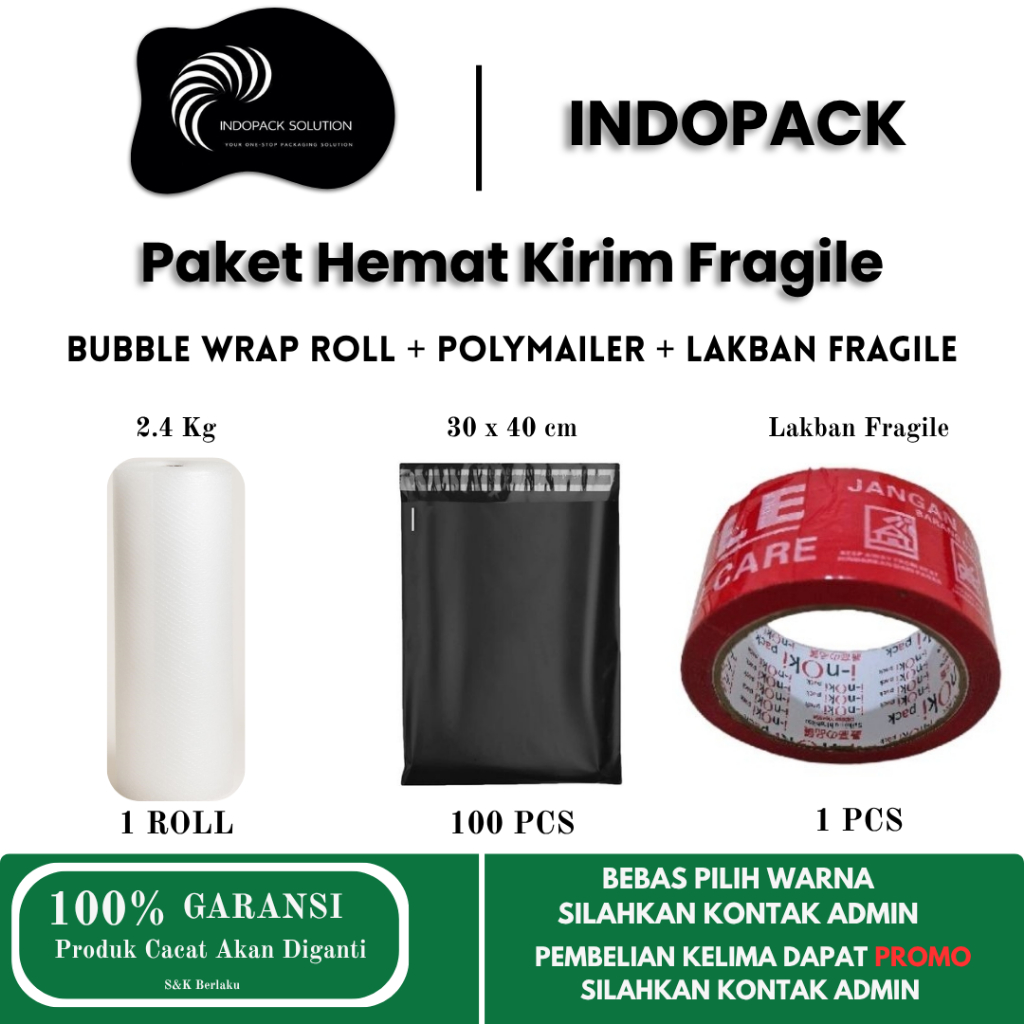 

INDOPACK Paket Hemat Kirim Fragile Lengkap - Bubble Wrap 2.4kg + Lakban Fragile + Polymailer 30x40 100pcs Garansi 100%