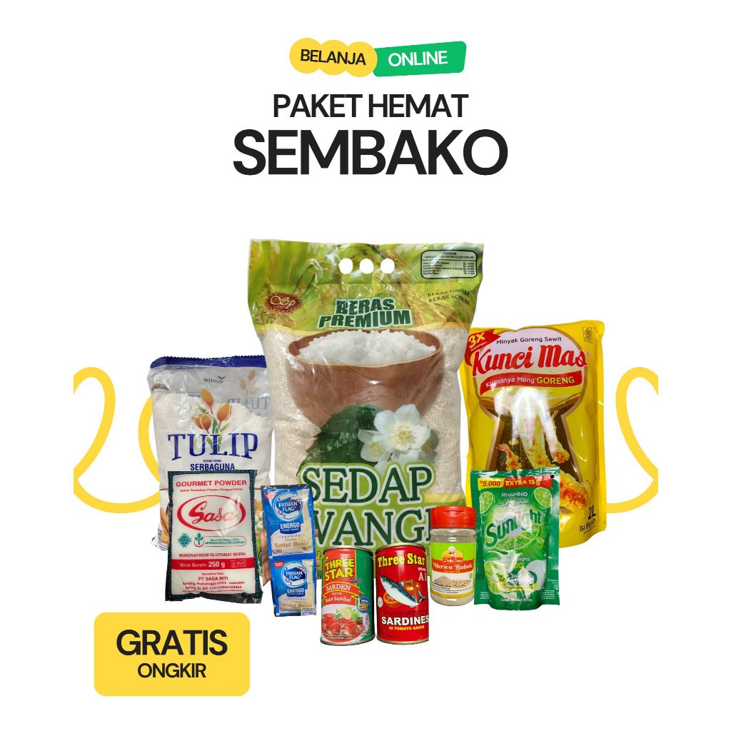 

Paket Hemat Sembako Lengkap - Beras, Minyak, Tepung, Sarden,Susu, Bumbu Dapur + GRATIS ONGKIR