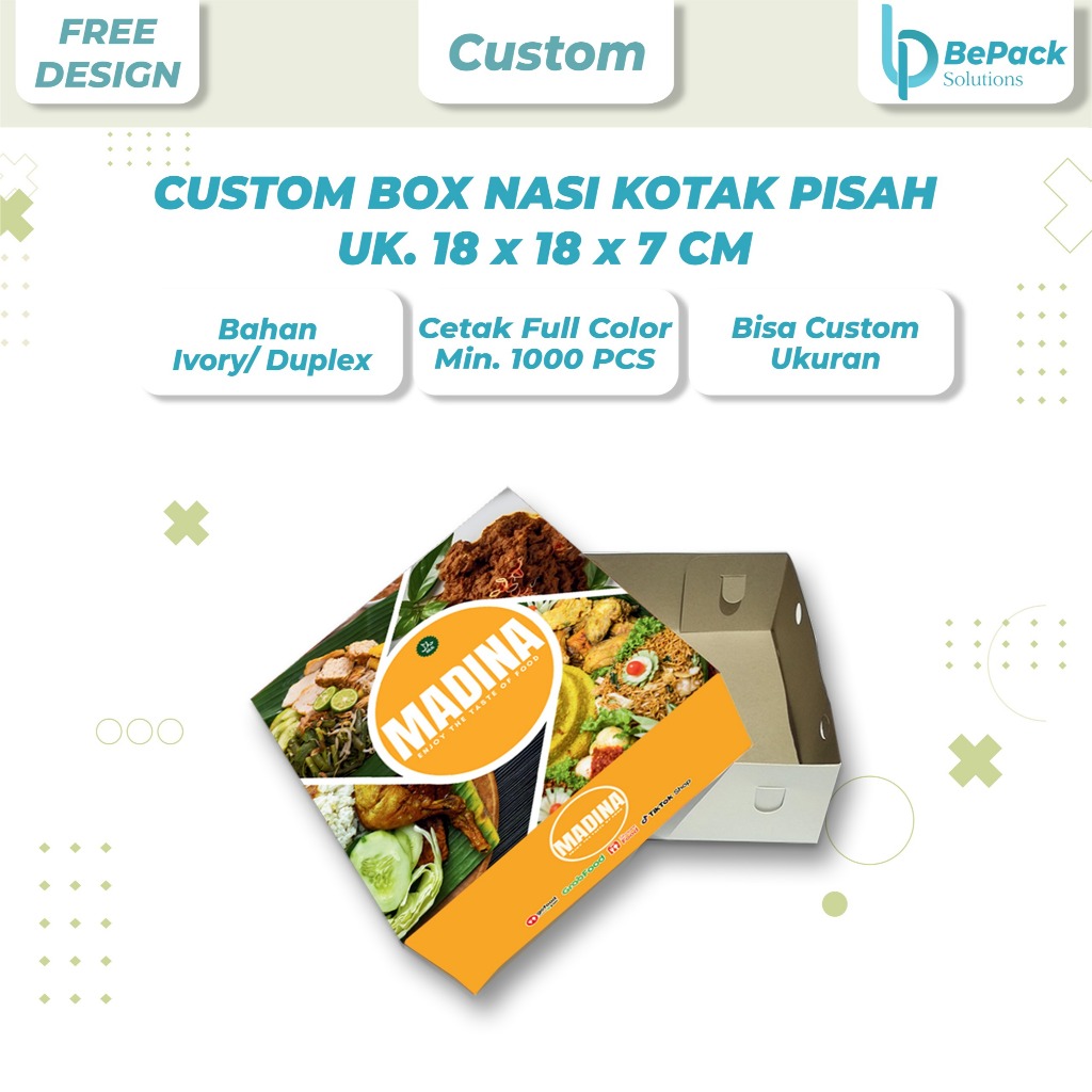Cetak Dus Nasi Kotak uk. 18 x 18 x 7 cm (tutup pisah)/ Kotak Nasi Custom Full Color
