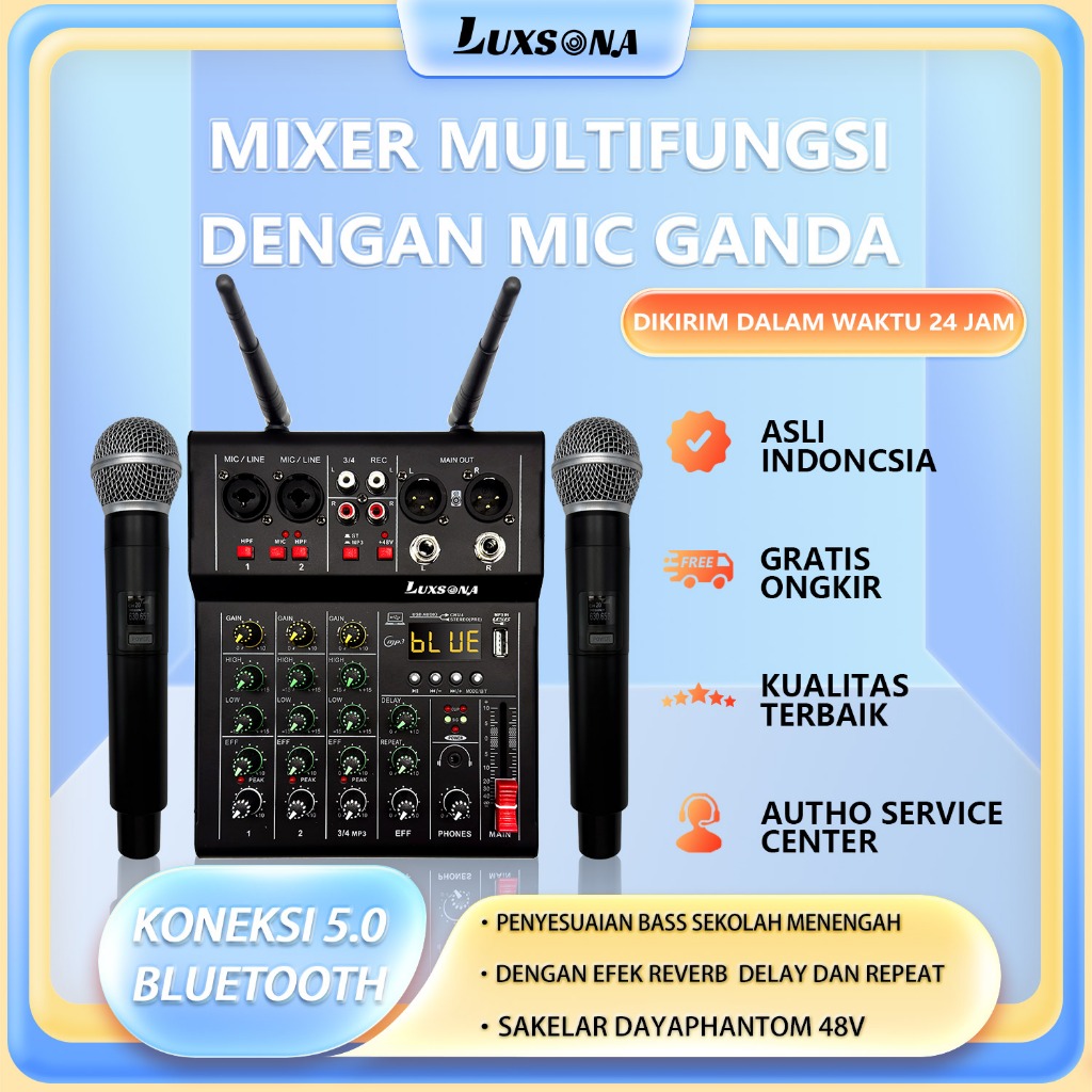 Mixer 4 Channel + 2 Mic Wireless/ profesional Audio Amplifier/Bluetooth USB PC MP3 DJ Audio Mixer