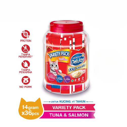 

Makanan Ringan Snack Kucing Deli Joy Toples Variety Tuna & Salmon 14gr x 36 Snack Kucing Cemilan Anabul
