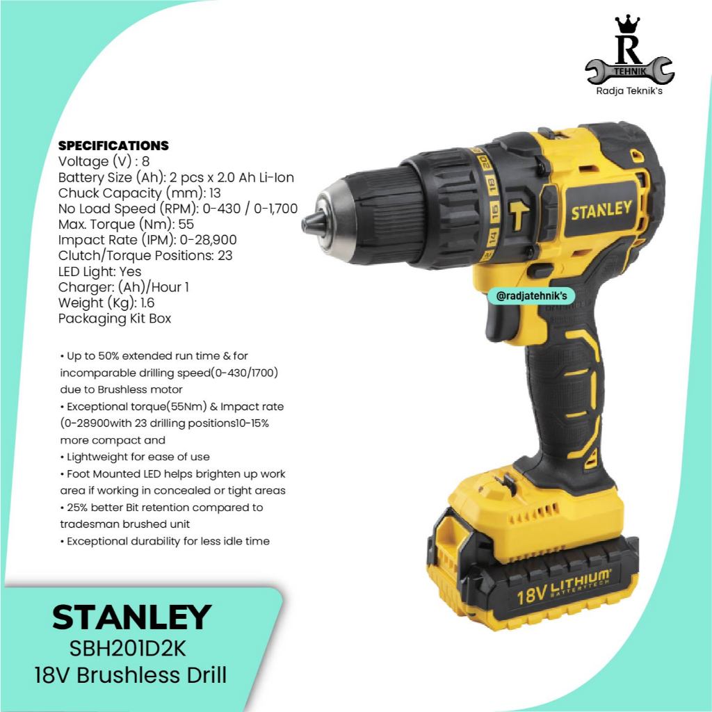 STANLEY  SBH201D2K Brushless Drill Driver  Brushless Drill Driver 18V  Mesin Bor Listrik  Alat Tukan